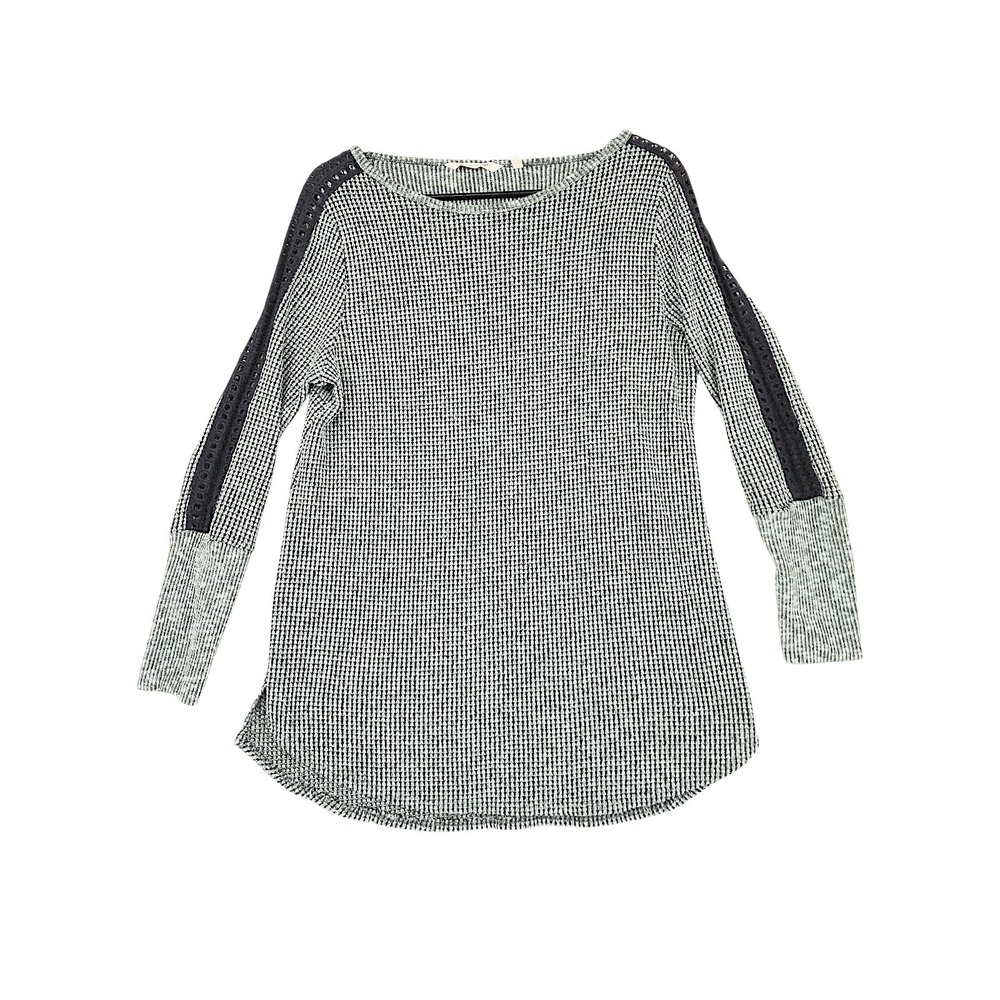 Soft Surroundings Tunic Top M Wom Gray Lace Crochet Trim Waffle Knit Minimal USA